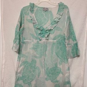 Mud Pie Teal Turtle Print Swim Beach Cover Up Dress Size M